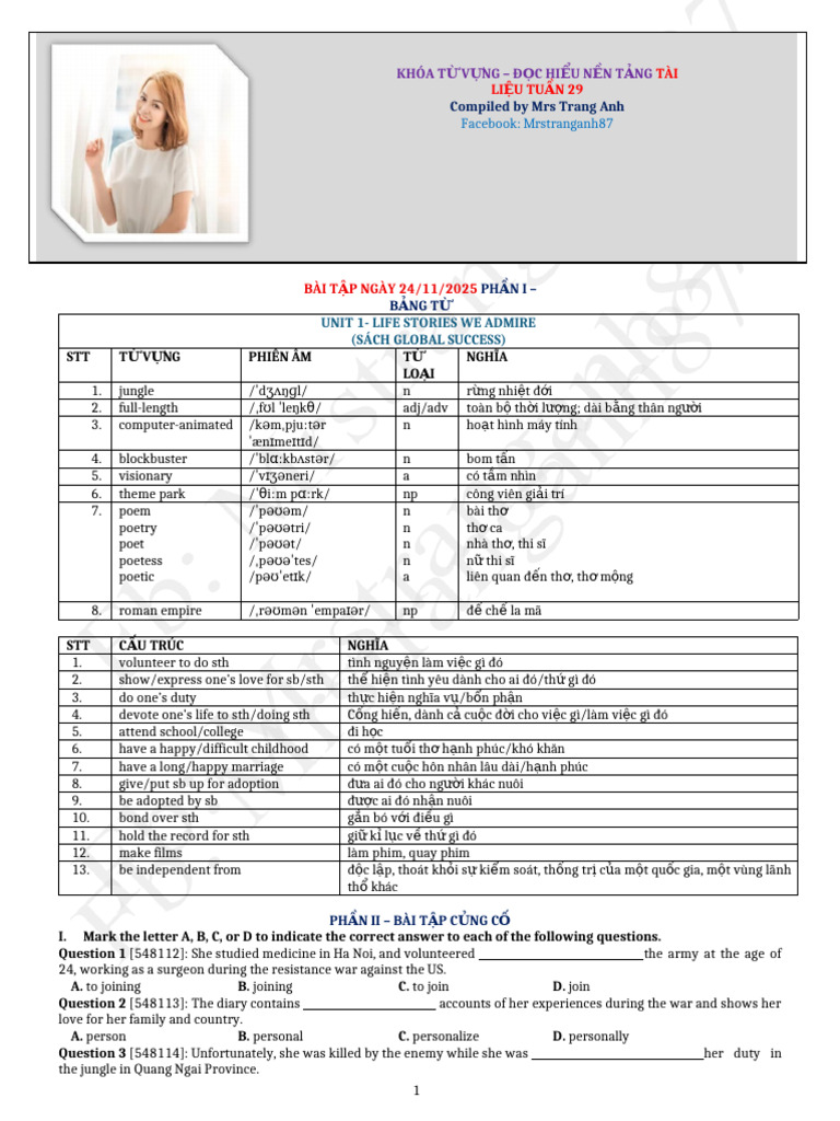 Vocabulary and Grammar Exercises for Unit 1 | PDF