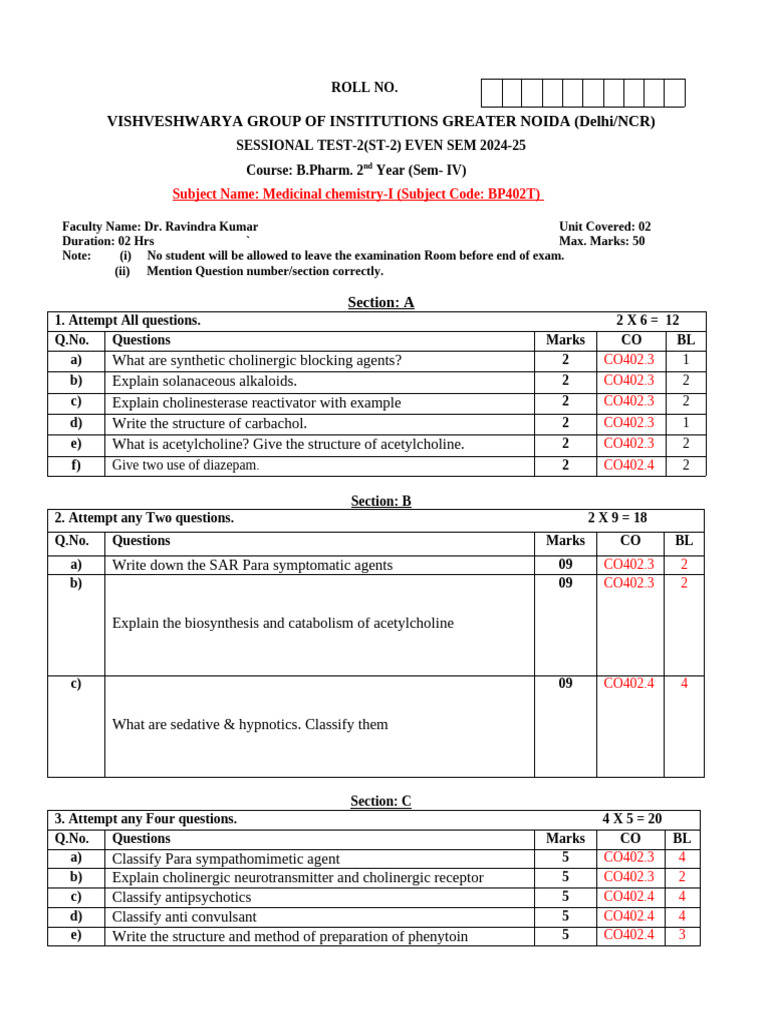 ST-2 Question Paper Med Chem402 | PDF | Acetylcholine | Neurophysiology