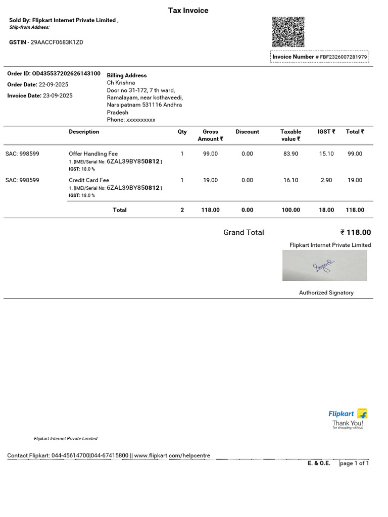 Invoice for Samsung 32