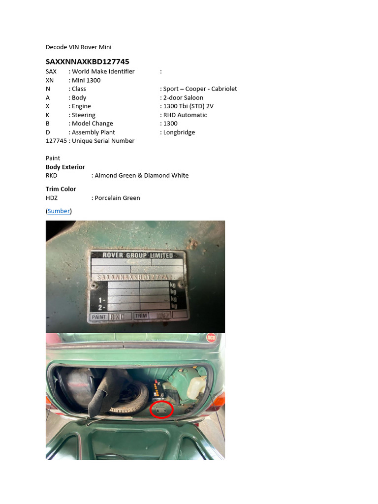 Decode VIN for Rover Mini 1300 | PDF