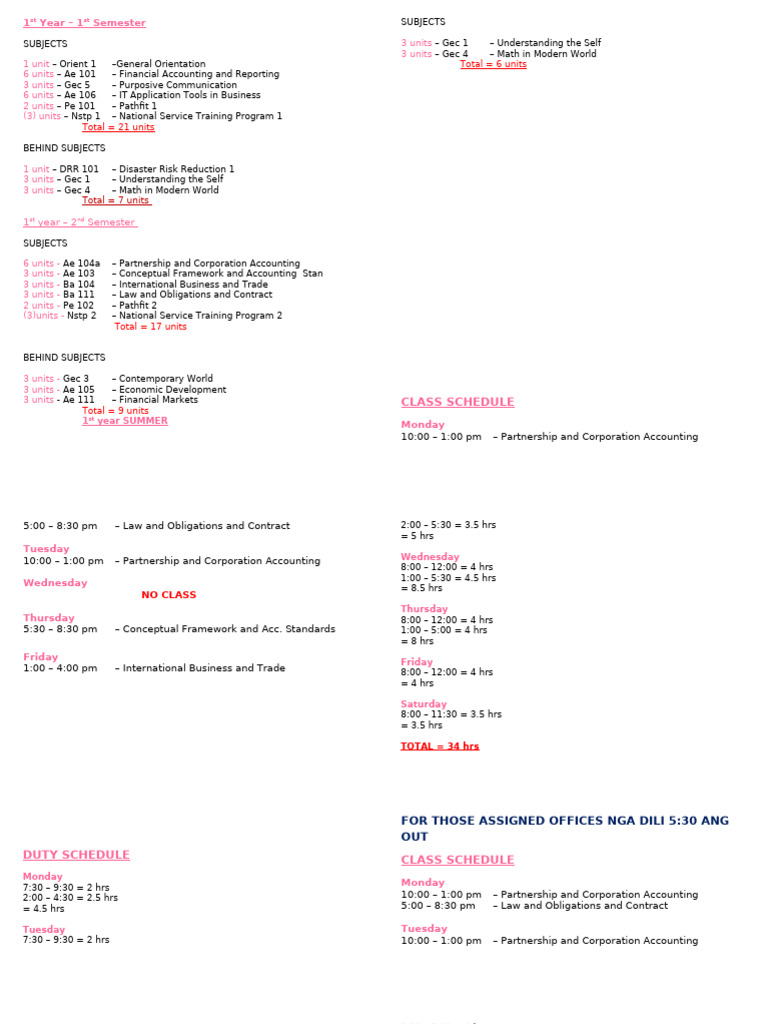First Year College Course Schedule | PDF | Business