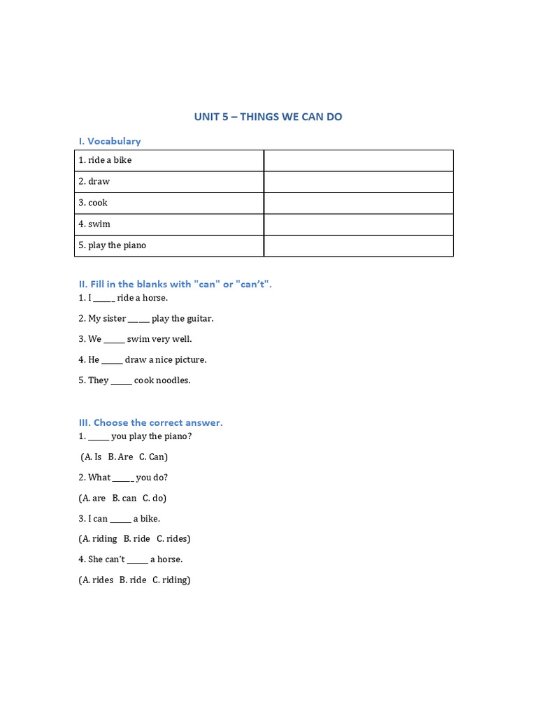 Unit5 Things We Can Do Worksheet PDF | PDF