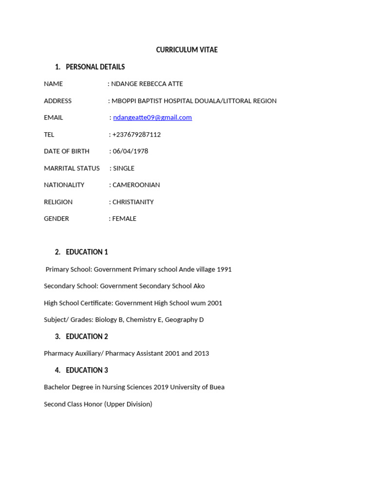 Rebecca Ndange's Nursing CV | PDF | Nursing | Pharmacy