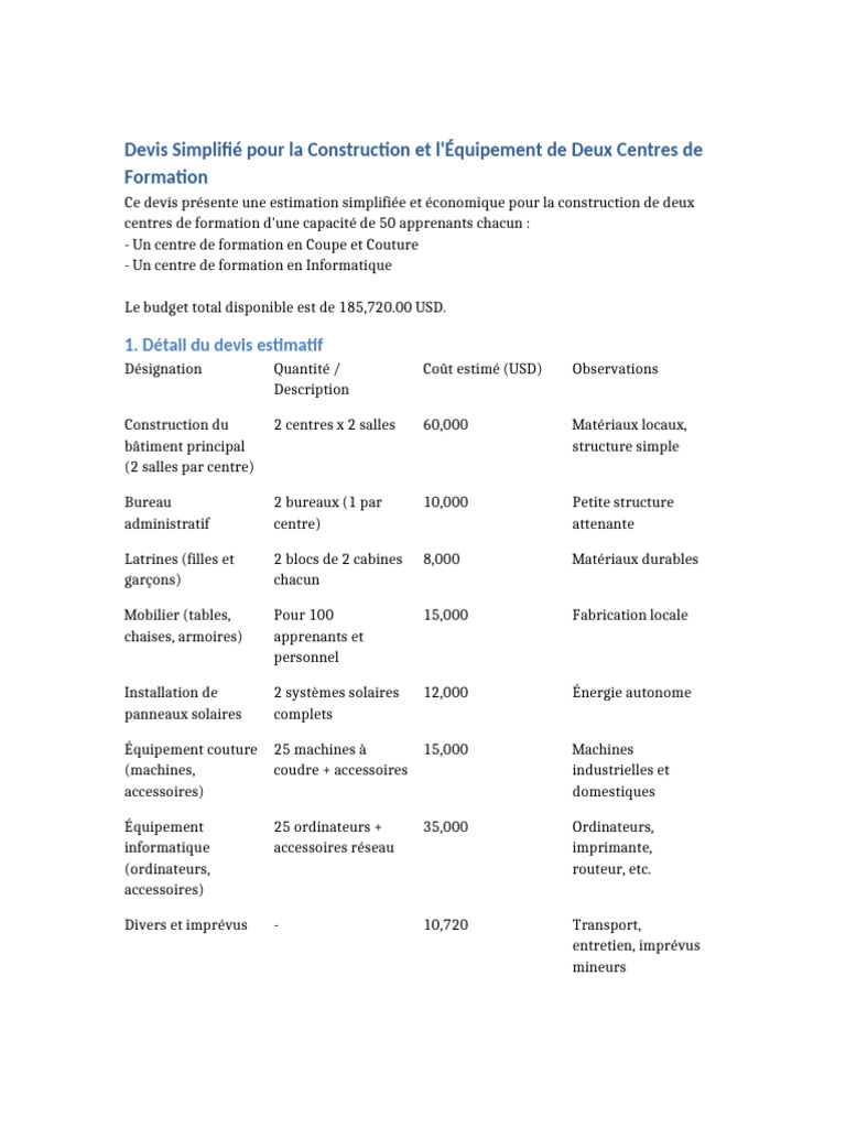 Devis pour 2 Centres de Formation | PDF