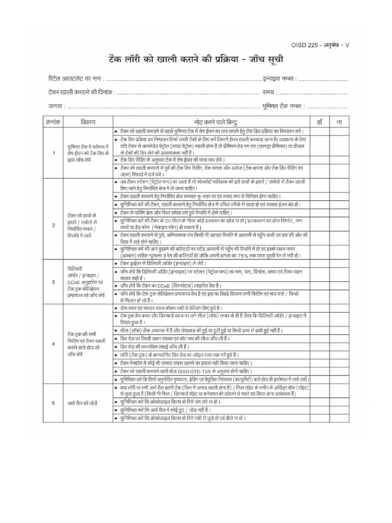TT Decantation Checklist Hindi OISD 225 | PDF