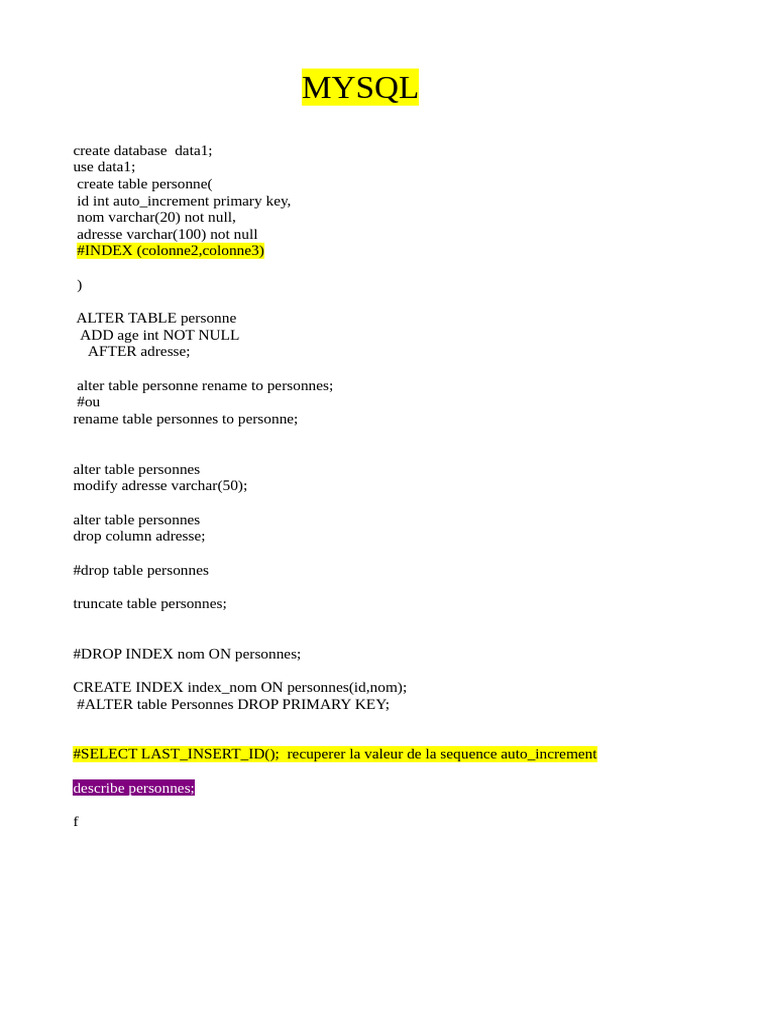 Commandes MySQL pour la gestion des bases | PDF