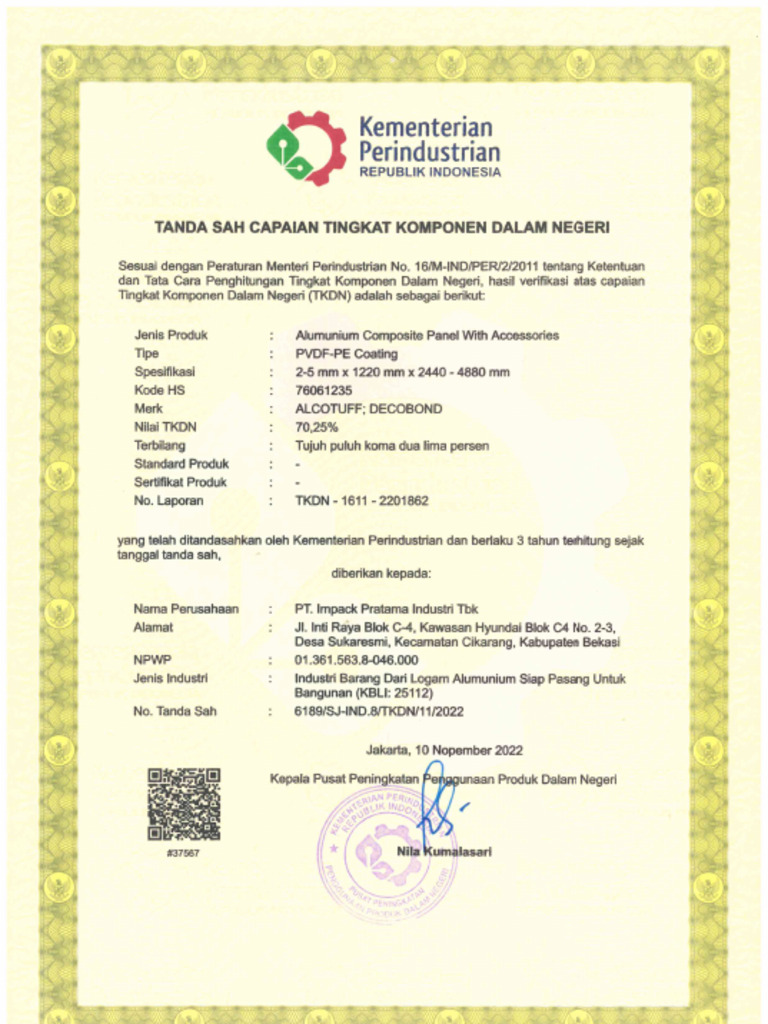 Sertifikat TKDN Alcotuff Acp | PDF