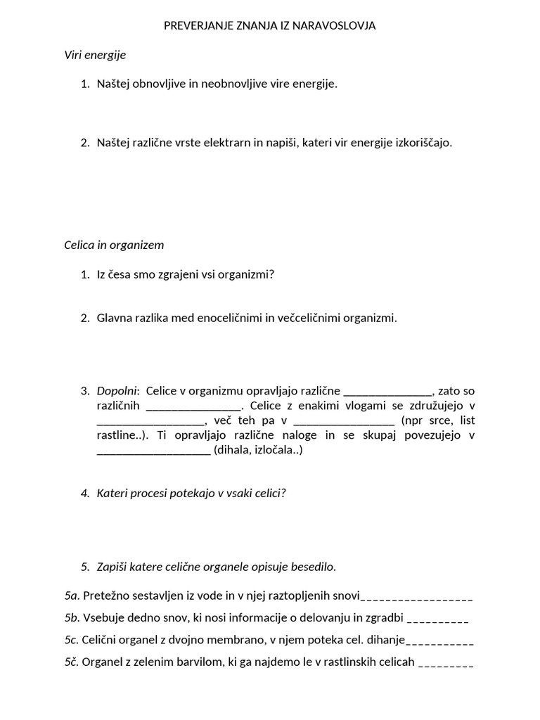 Test Naravoslovje 6r (Celice, Deli Rastlin) | PDF