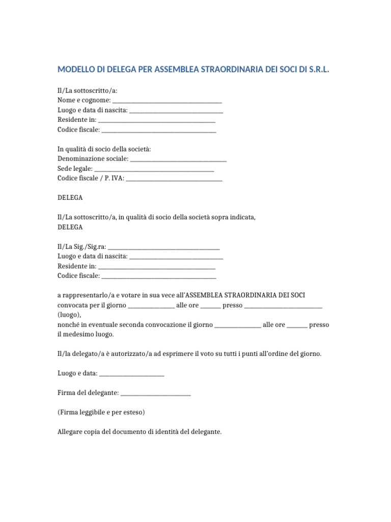 Modello Delega Assemblea Straordinaria SRL | PDF