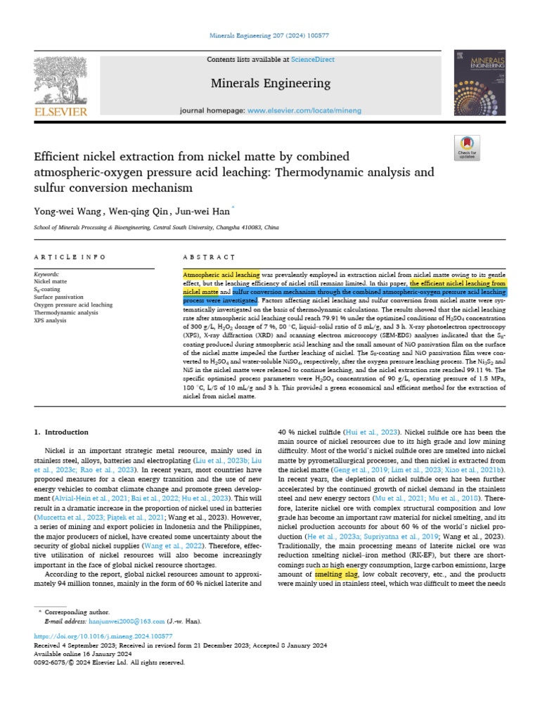 Efficient Nickel Extraction From Nickel Matte by Combined Atmospheric ...