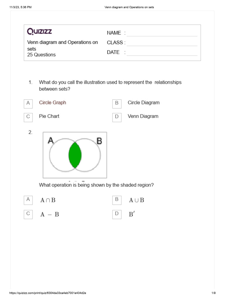 Venn Diagrams and Set Operations Quiz | PDF | Set (Mathematics ...