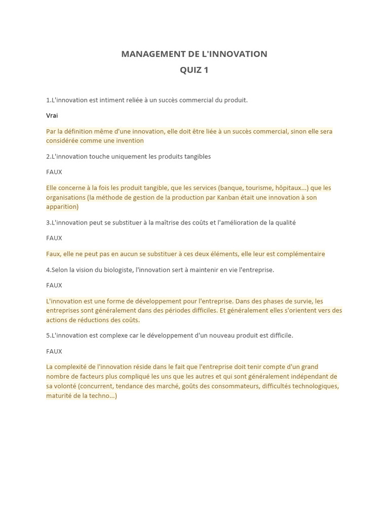 Quiz sur le Management de l'Innovation | PDF