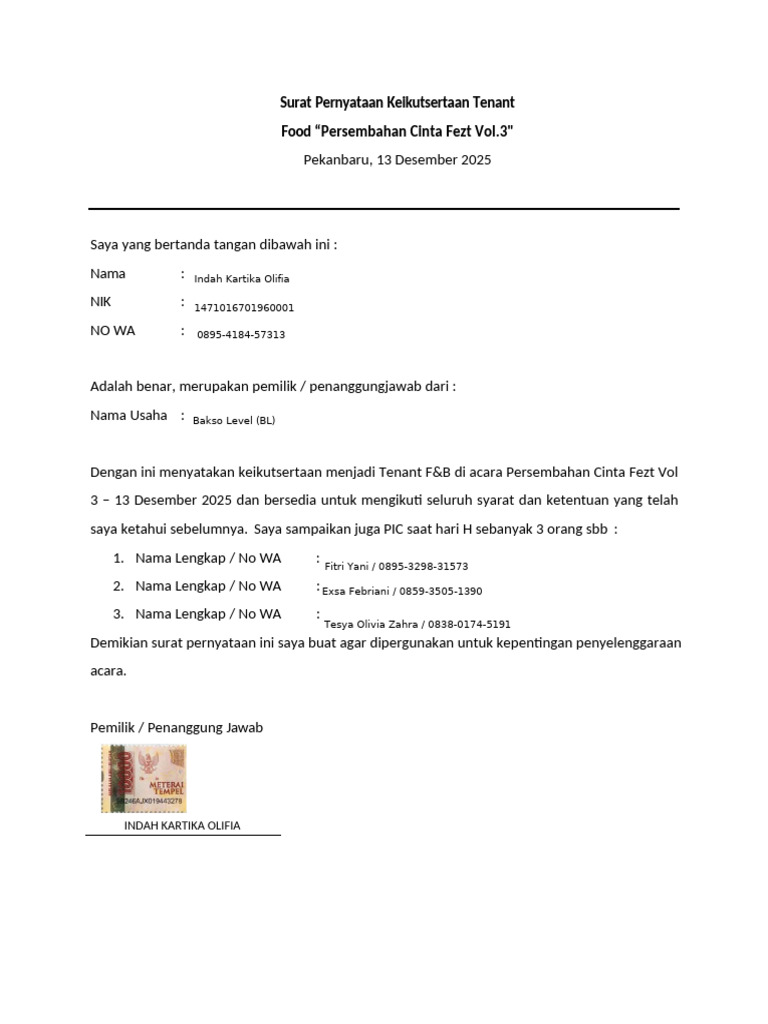 Surat Pernyataan Tenant F&B Fezt Vol.3 | PDF