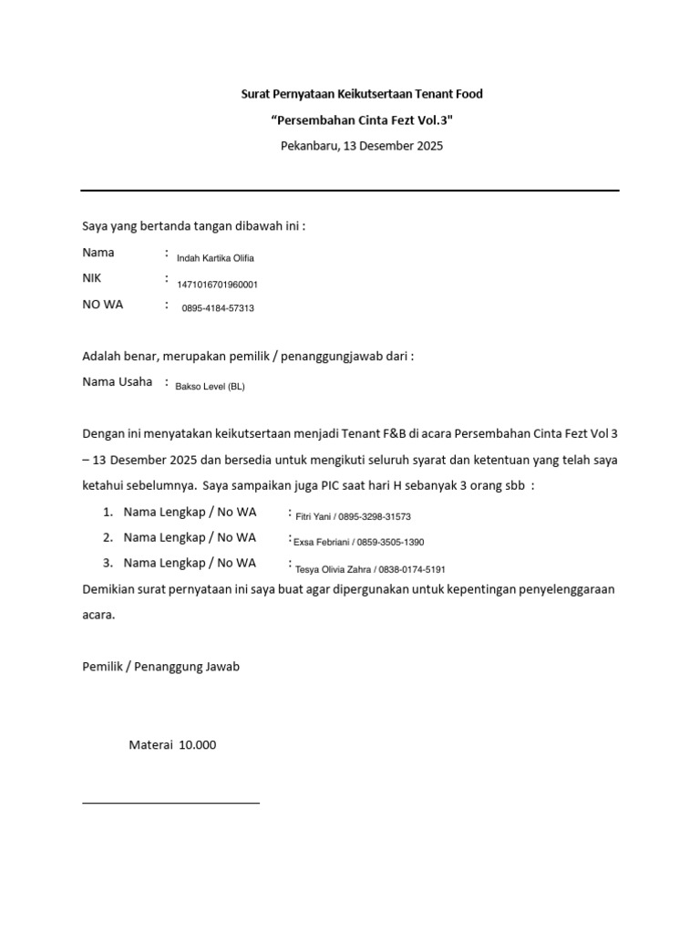 Surat Pernyataan Tenant F&B Fezt Vol.3 | PDF