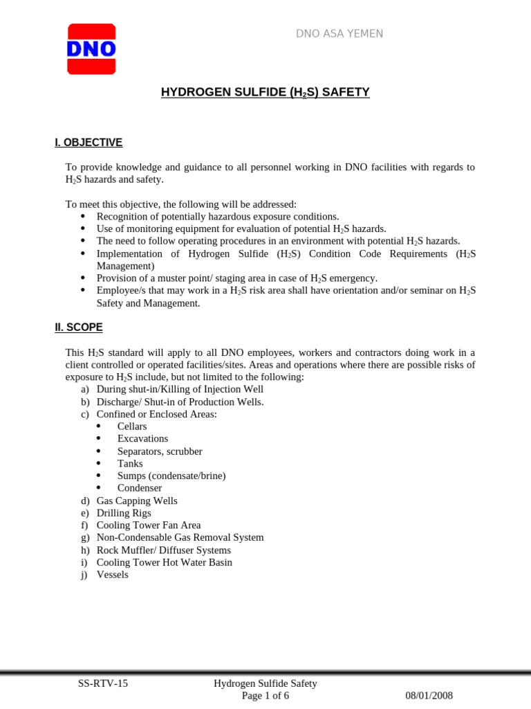 H2S Safety Guidelines for DNO Employees | PDF | Occupational Safety And ...