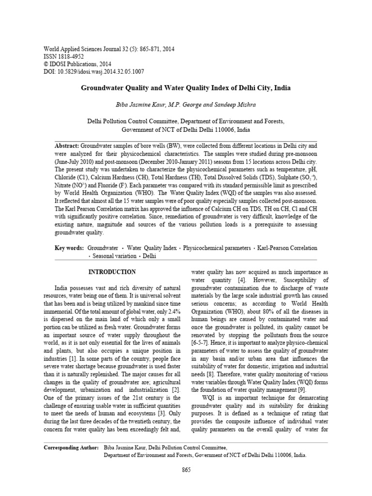 Groundwater Quality in Delhi: WQI Analysis | PDF | Water Quality | Water