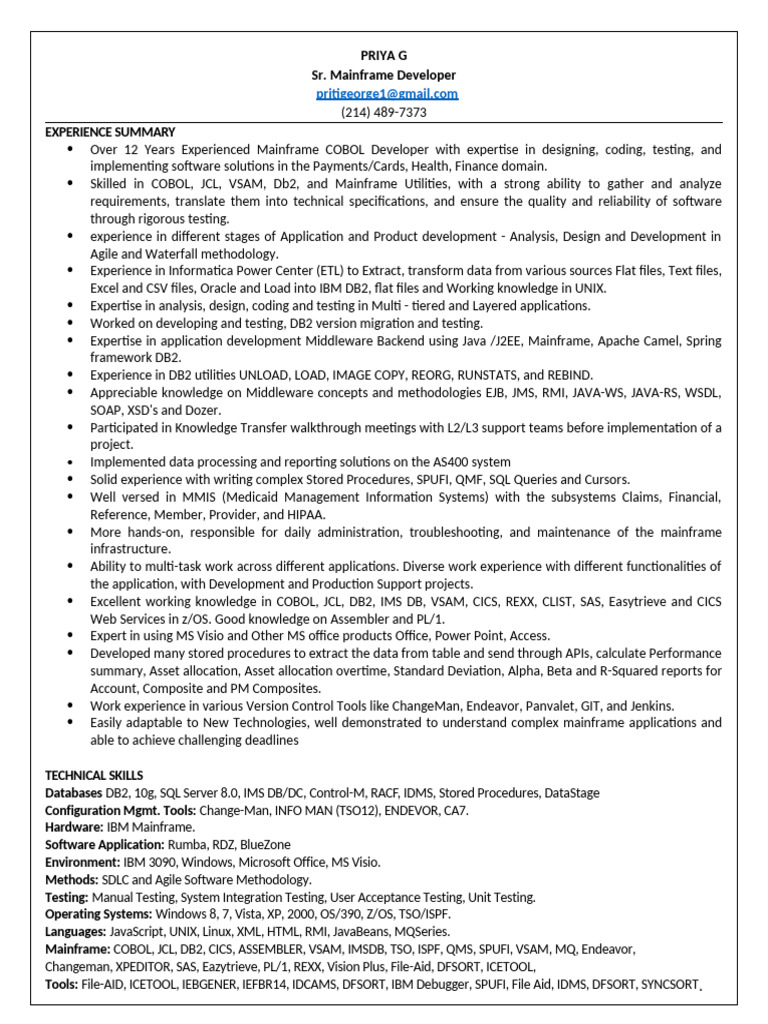Senior Mainframe Developer Profile | PDF | Ibm Db2 | Databases