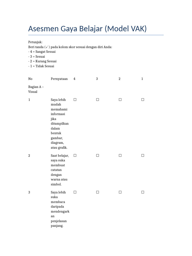 Asesmen Gaya Belajar Model VAK | PDF