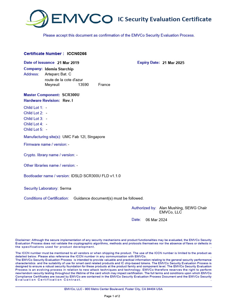 EMVCo Security Evaluation Certificate | PDF | Emv | Smart Card