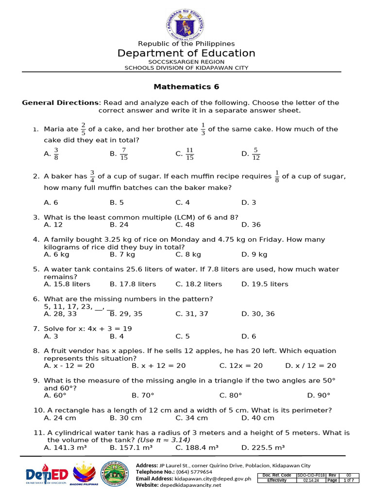 Math Assessment for Grade 6 Students | PDF | Probability | Area