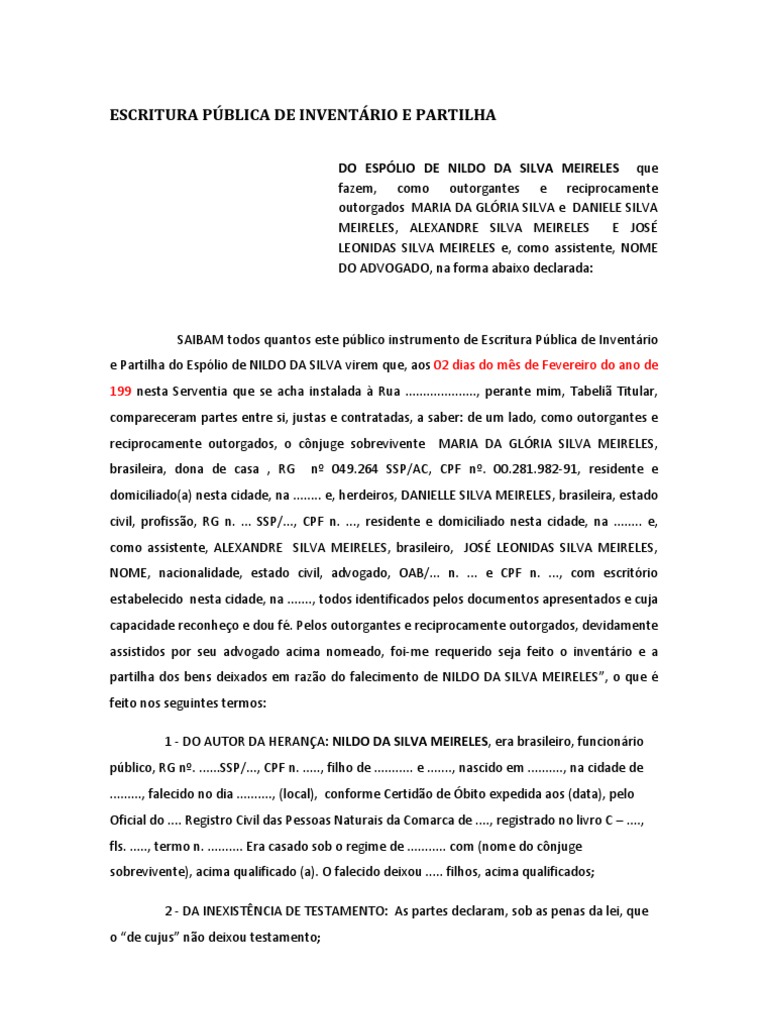 Escritura Pública de Inventário e Partilha PDF Lei das Obrigações Testamento
