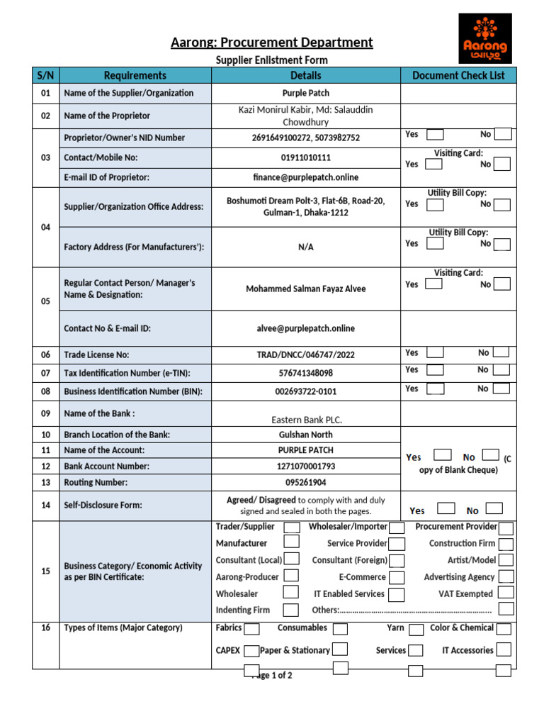 Aarong Supplier Enlistment Process | PDF