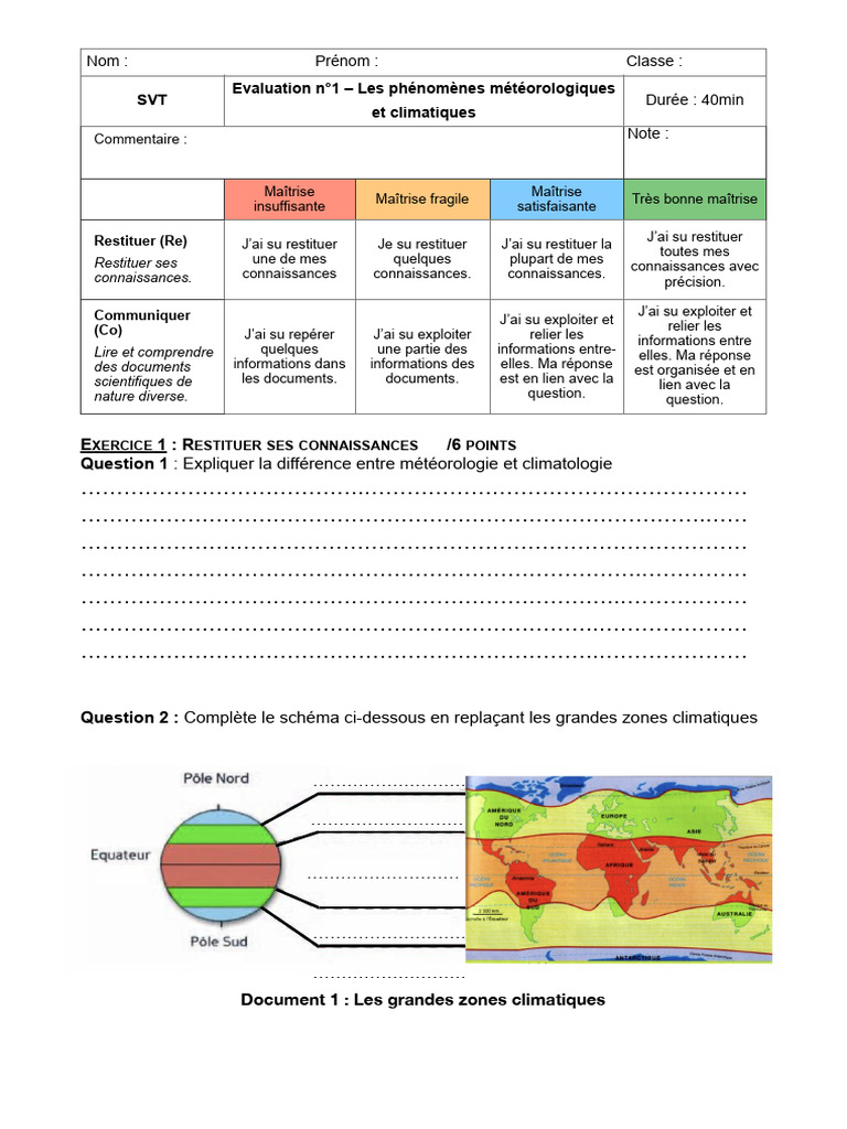 M t orologie Et Climatologie valuation SVT PDF Sciences De La 