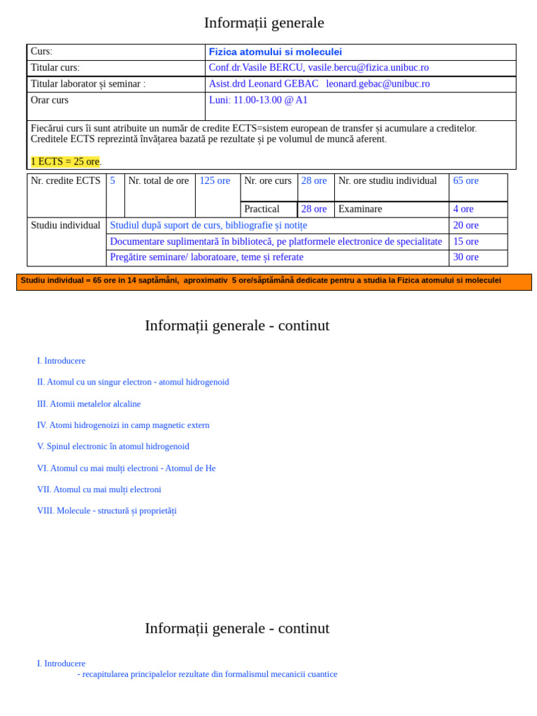 Informatii Generale Curs 2024 2025 | PDF