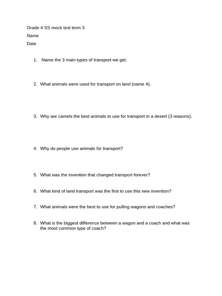 Grade 4 SS Mock Test Term 3 | PDF | Transport | Ships