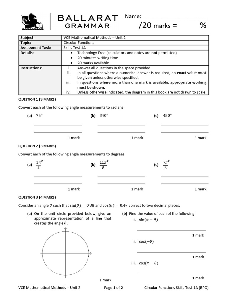 VCE Unit 2 Circular Functions Test | PDF | Angle | Pi