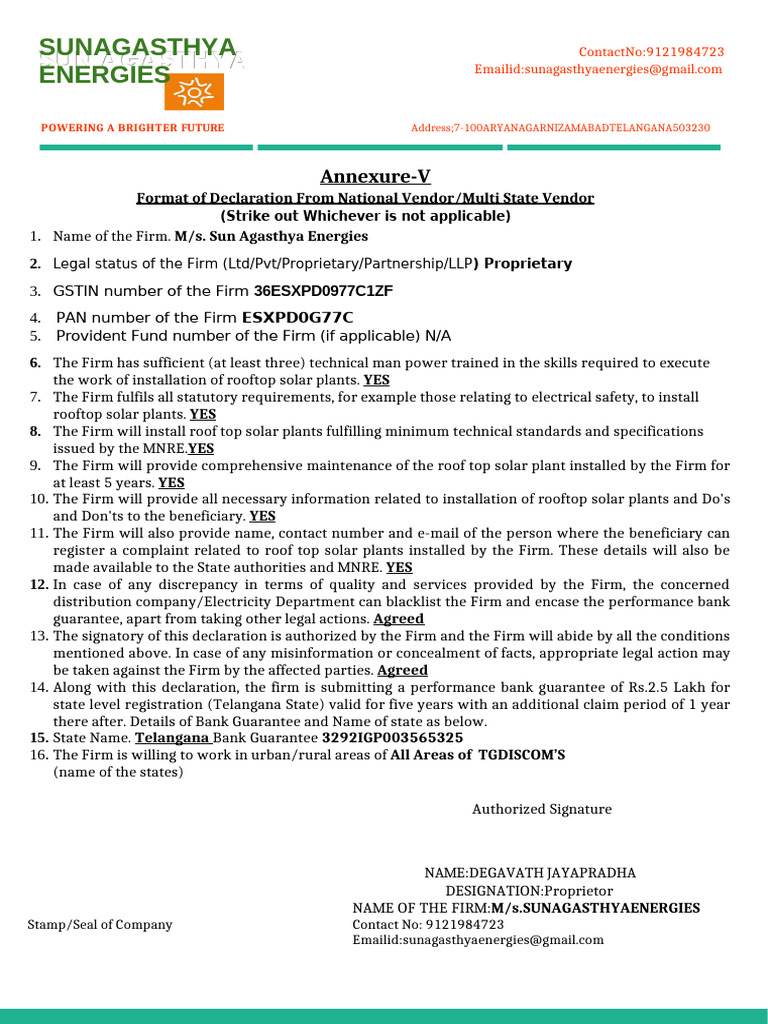 Sun Agasthya Energies Vendor Declaration | PDF | Solar Power
