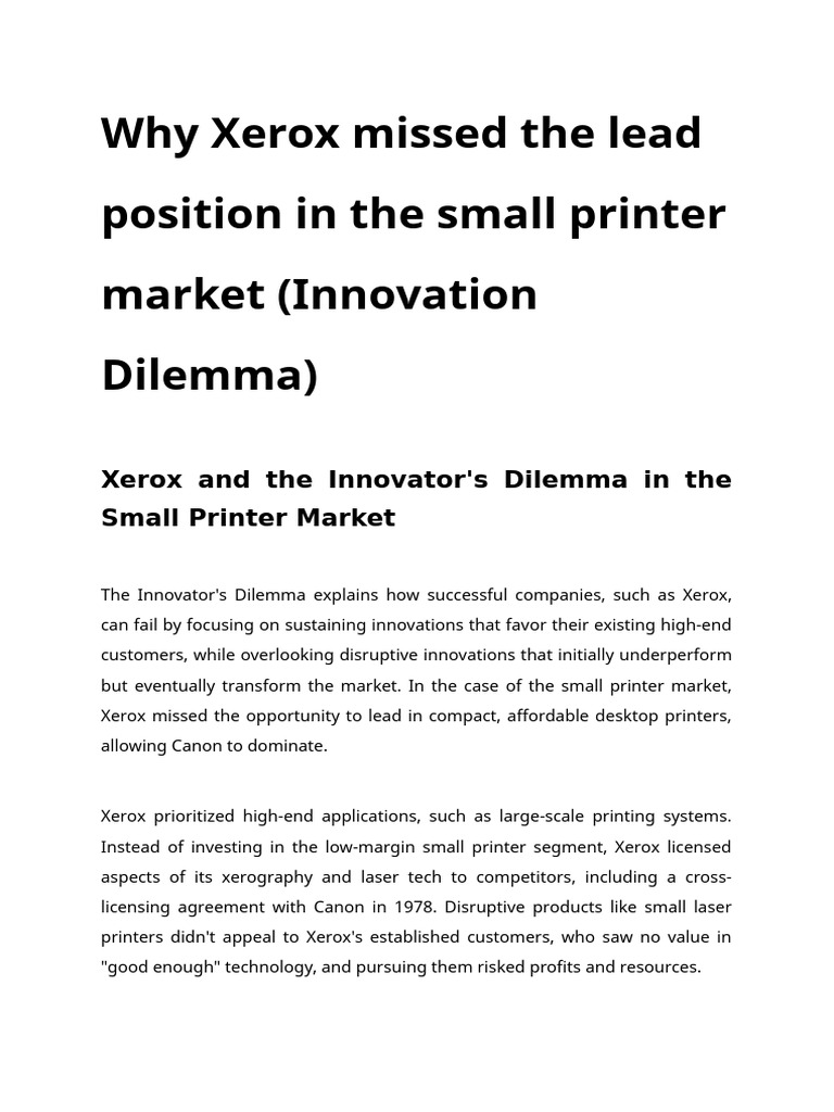 Why Xerox Missed The Lead Position in The Small Printer Market | PDF