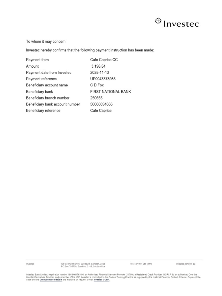 Investec Payment Confirmation Details | PDF