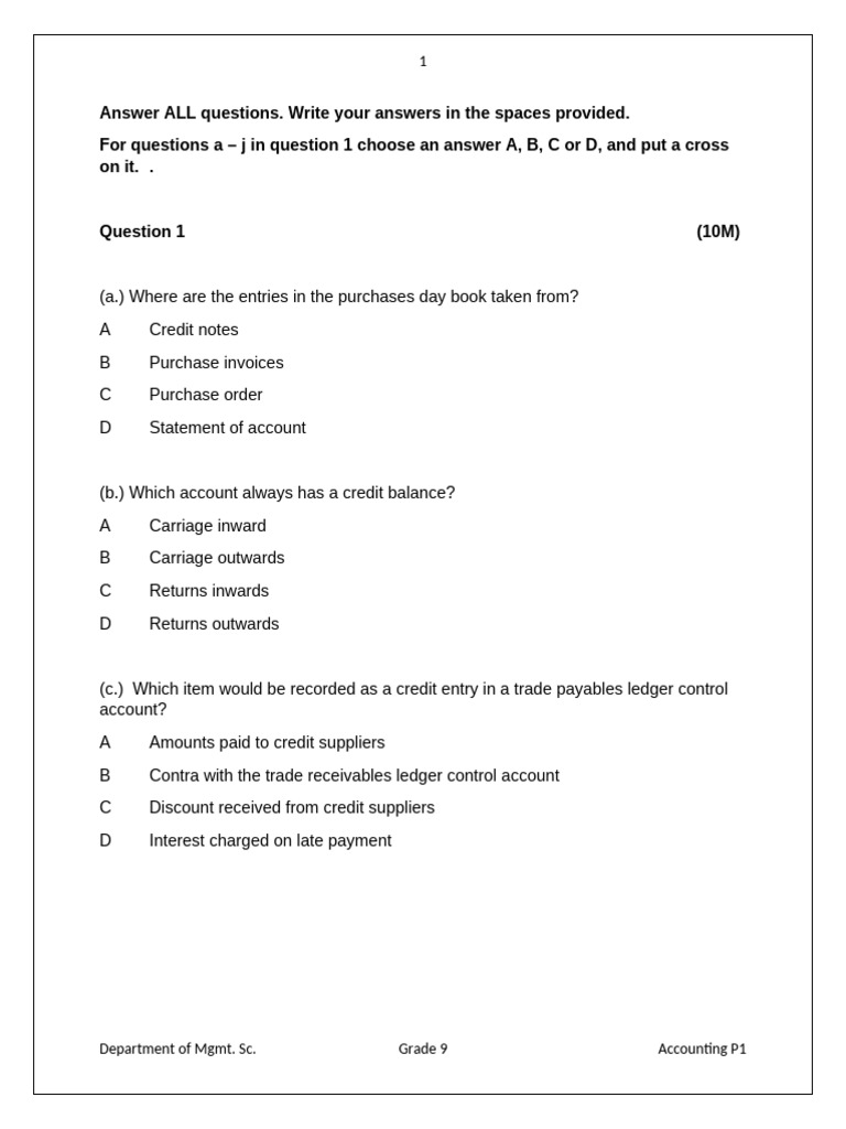 Grade 9 Accounting Exam Questions | PDF | Debits And Credits | Accounts ...