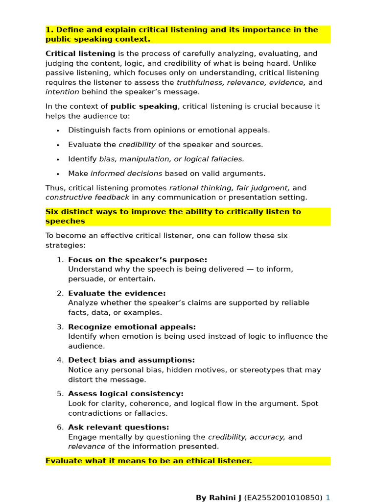 Importance of Critical Listening in Public Speaking | PDF | Fallacy ...
