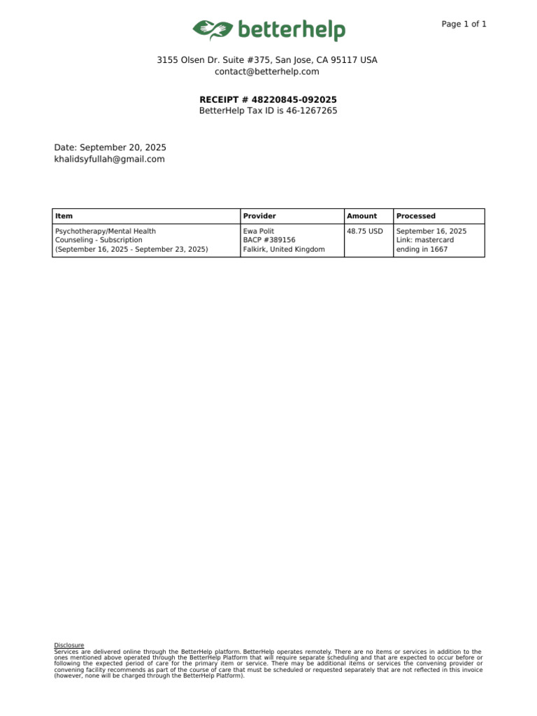 BetterHelp Counseling Receipt - Sept 2025 | PDF