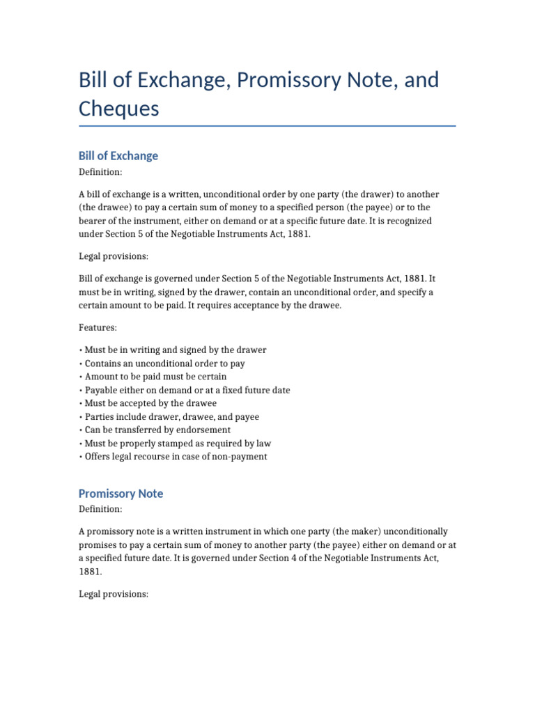 Understanding Bills, Notes, and Cheques | PDF | Negotiable Instrument ...