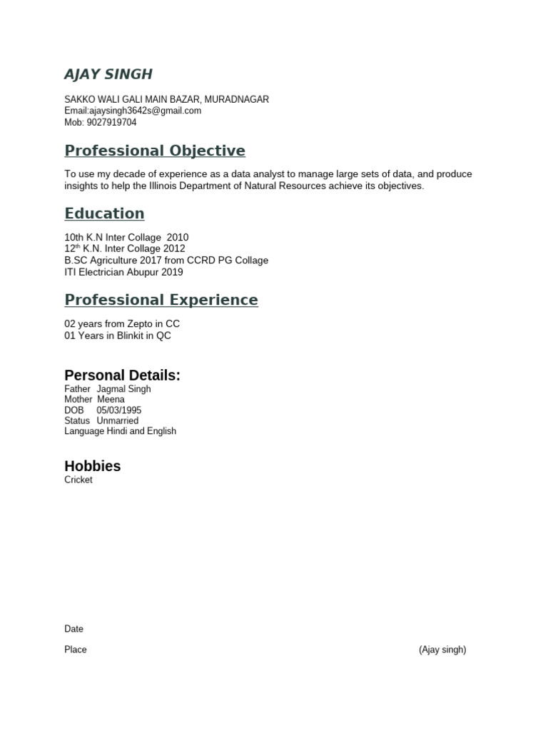 Data Analyst Resume for Ajay Singh | PDF