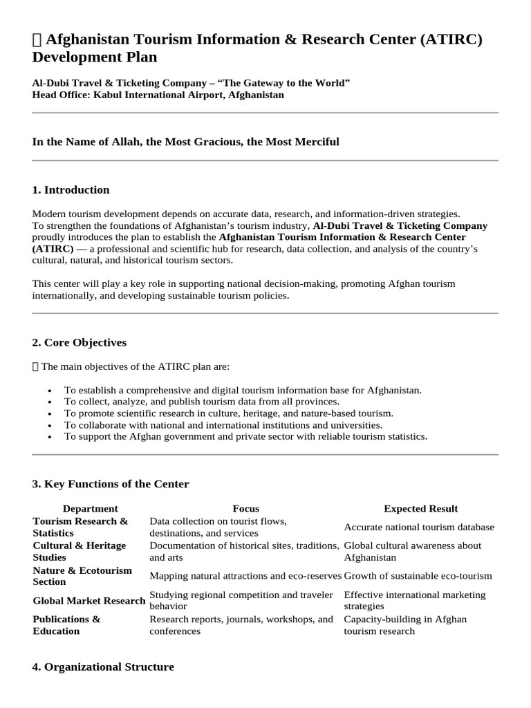 Afghanistan Tourism Information & Research Center (ATIRC) Development ...