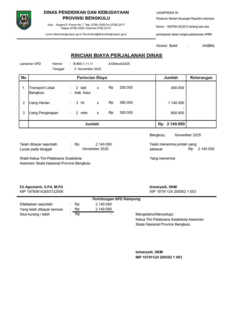 Rincian Biaya Perjalanan Dinas APBN | PDF