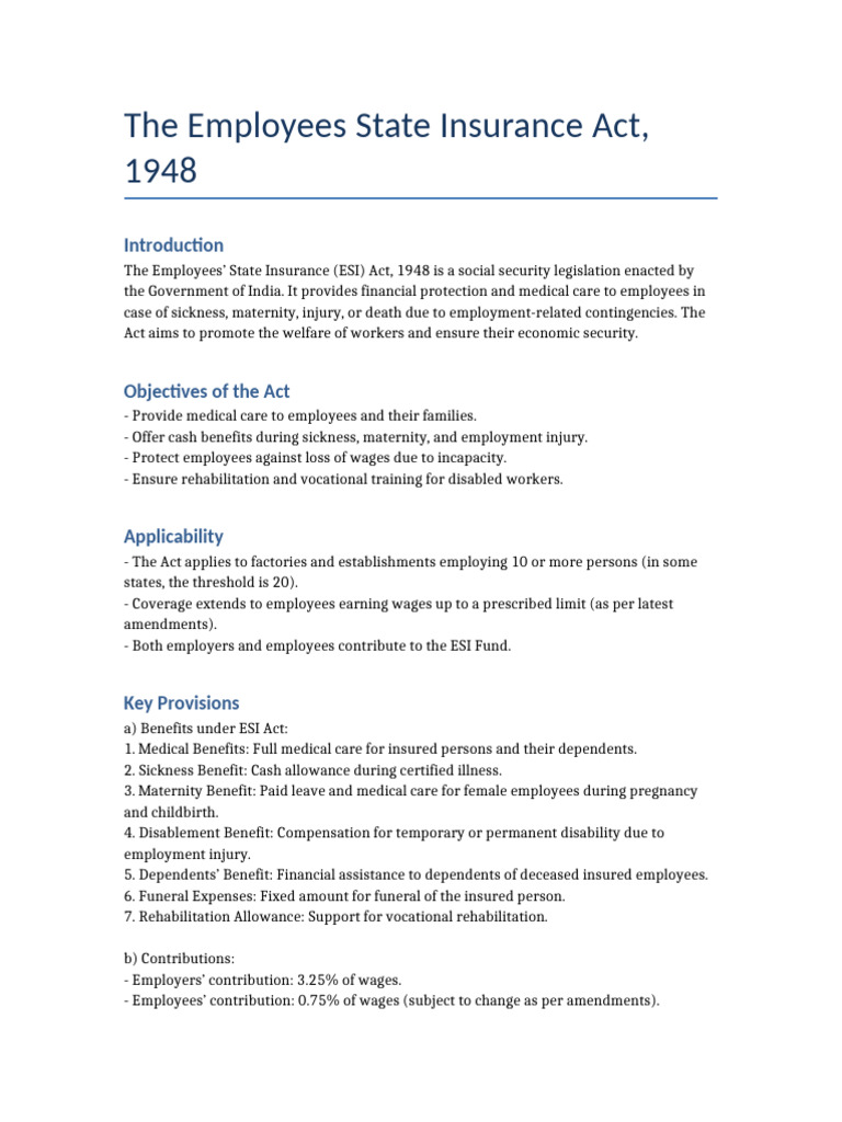 Employees State Insurance Act Overview | PDF | Employment | Welfare