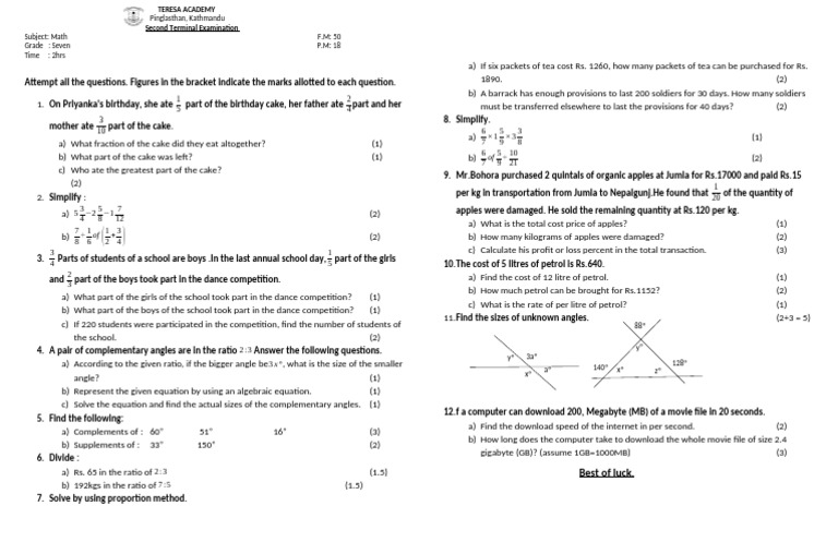 Math Exam Paper for Grade Seven | PDF