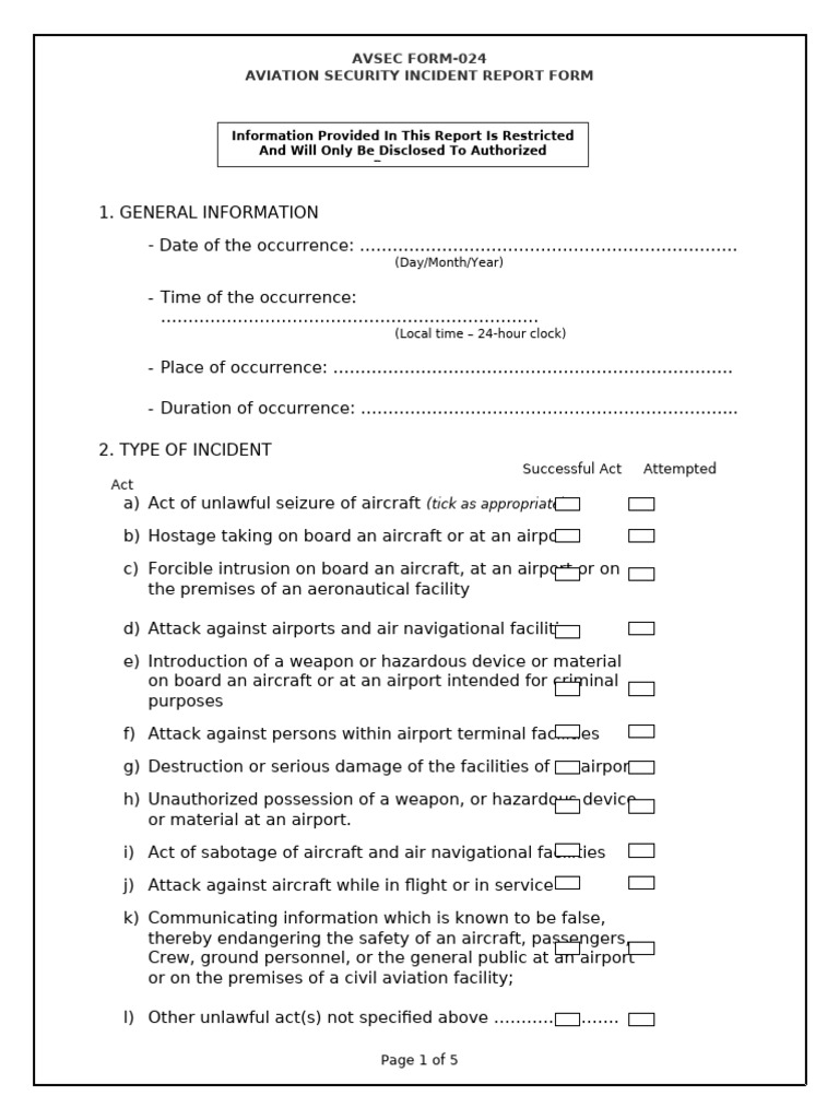 Avsec Form-024 - Model Incident Report Form | PDF | Airport Security ...