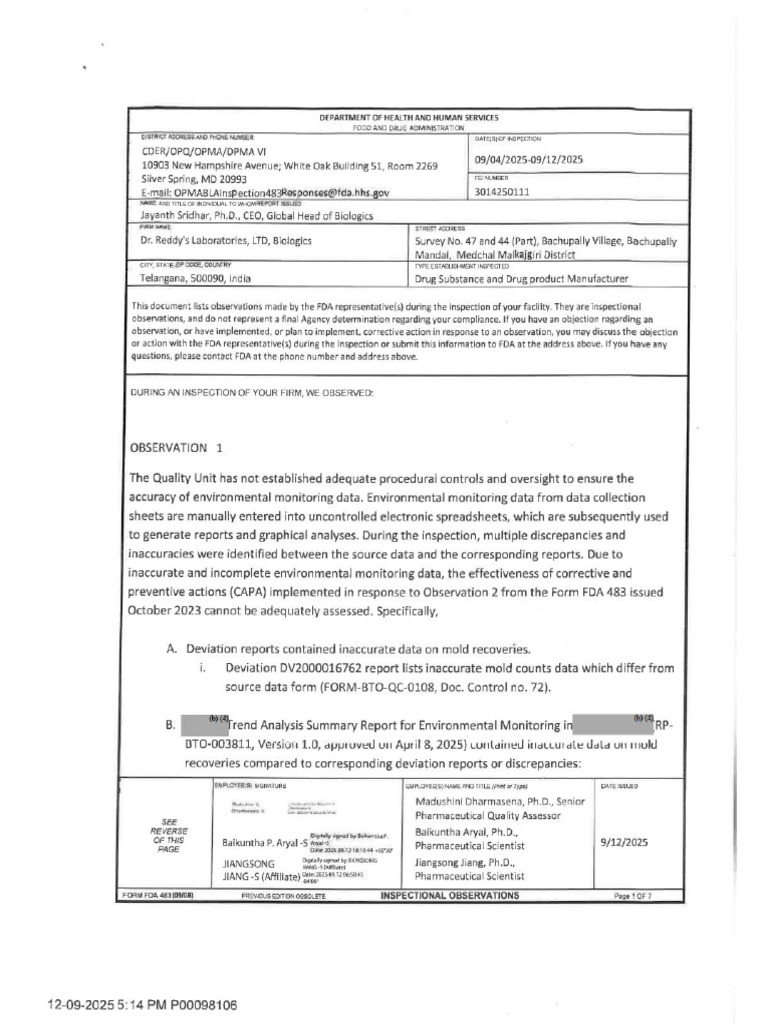 FDA Inspection Observations Report | PDF | Food And Drug Administration ...