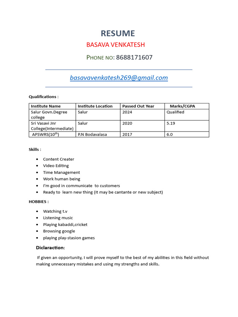 Resume of Basava Venkatesh | PDF