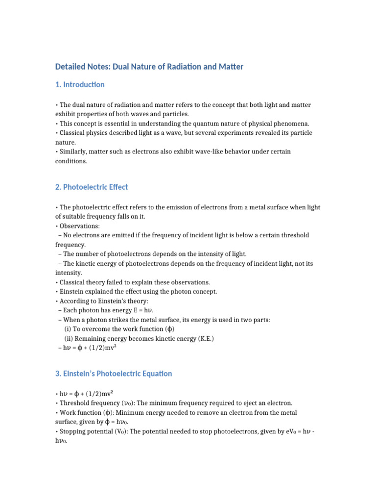 Dual Nature of Radiation and Matter Notes | PDF | Photoelectric Effect ...