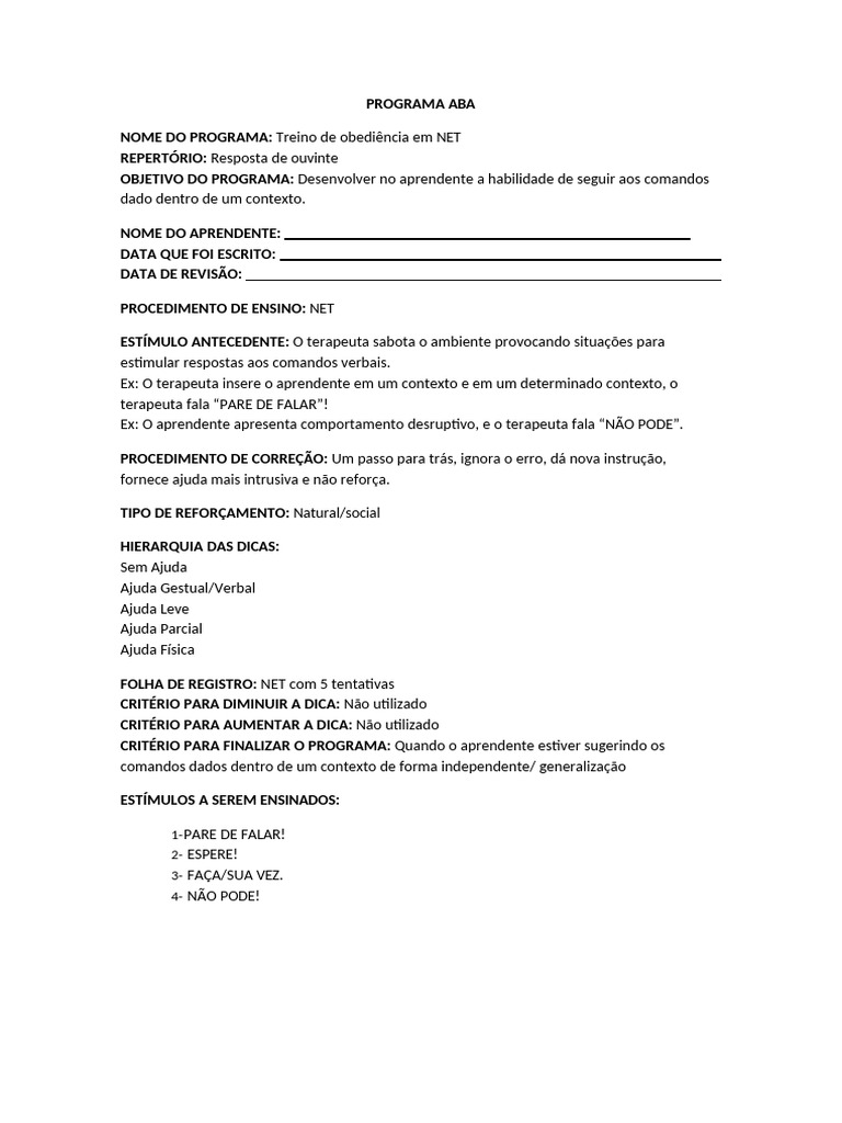 Programas ABA para Habilidades Sociais e Cognitivas | PDF | Aprendizado ...
