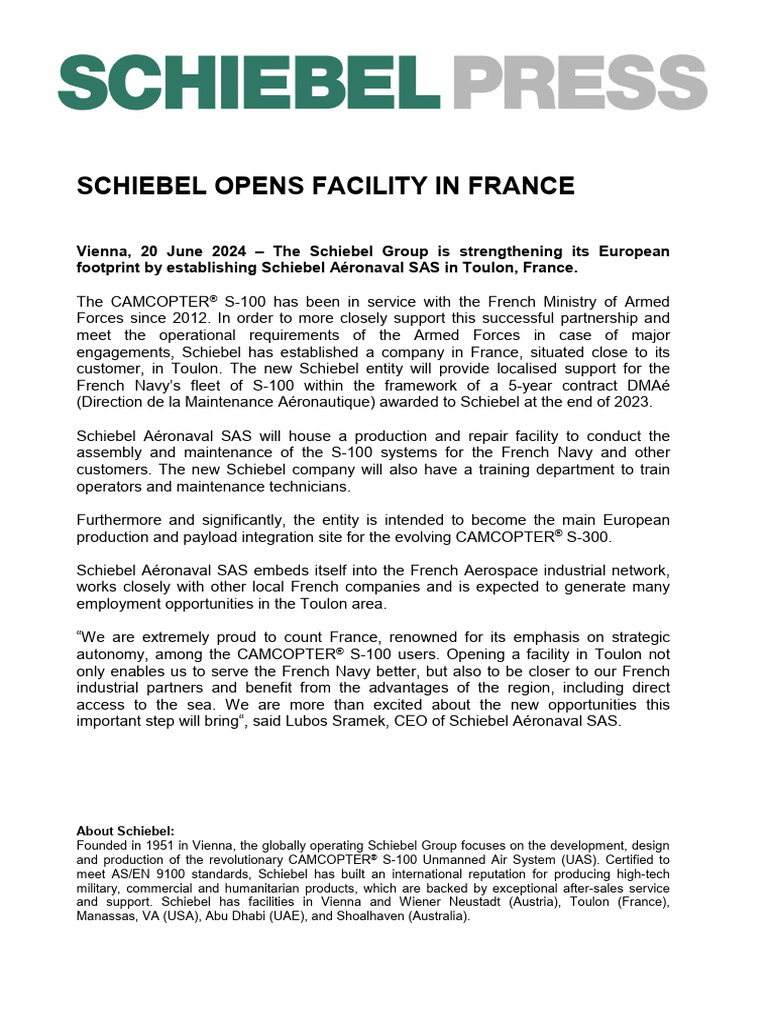 Schiebel Opens Toulon Facility for S-100 | PDF | Unmanned Aerial ...