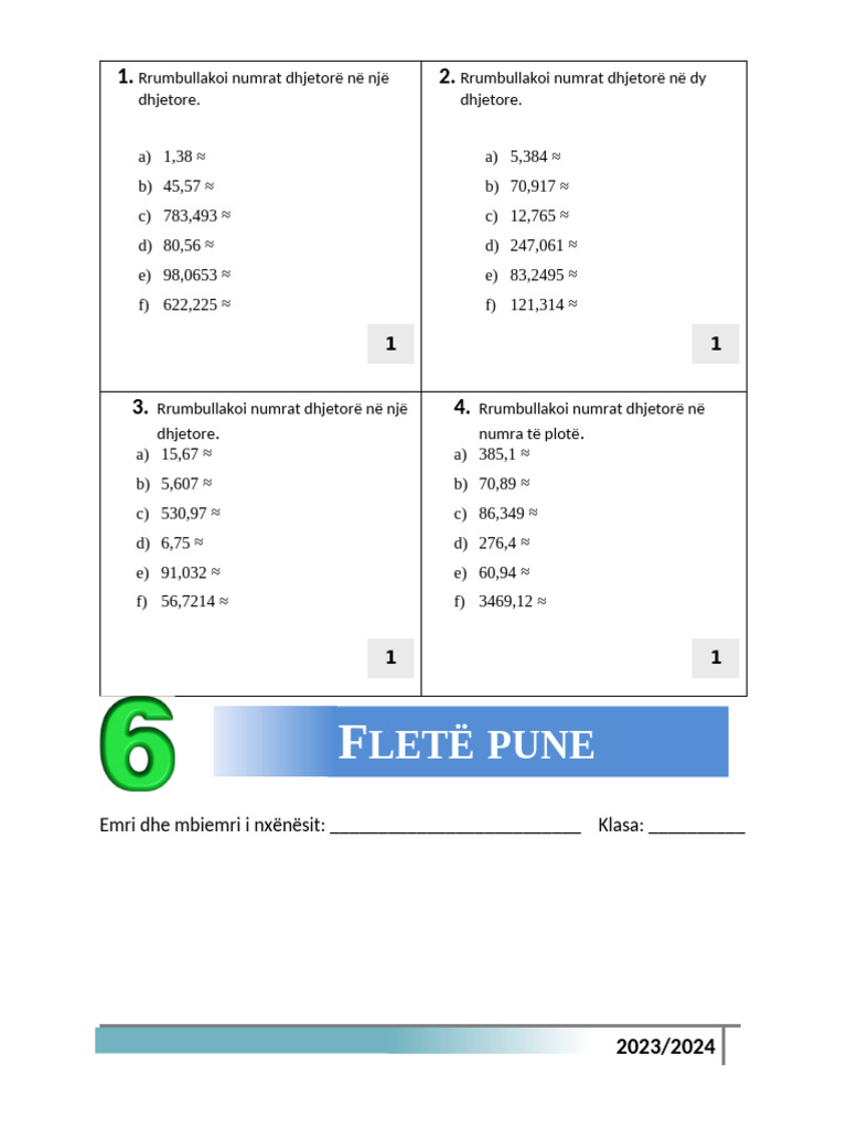 10.fletë Pune-Rrumbullakimi I Numrave Dhjetor-Kl.6 | PDF
