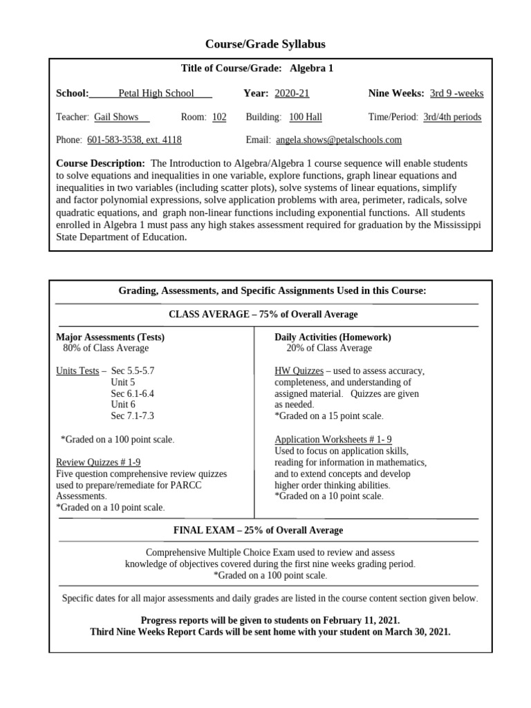 PSD Algebra 1 Course Syllabus 3rd Nine Weeks 2020-21 | PDF | Algebra ...